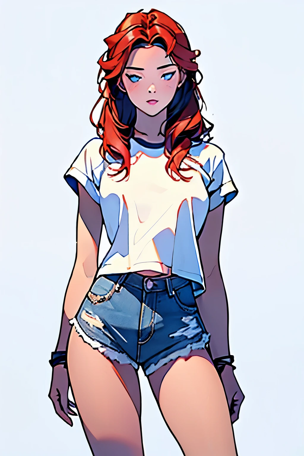 masterpiece, best quality, waist up,1girl,the highest image quality, 21-year-old woman, looks like Olivia Dunne, bright red hair, blue eyes, wearing a white graphic tee and denim shorts, large breasts, White background, empty background, waist up , standing normally