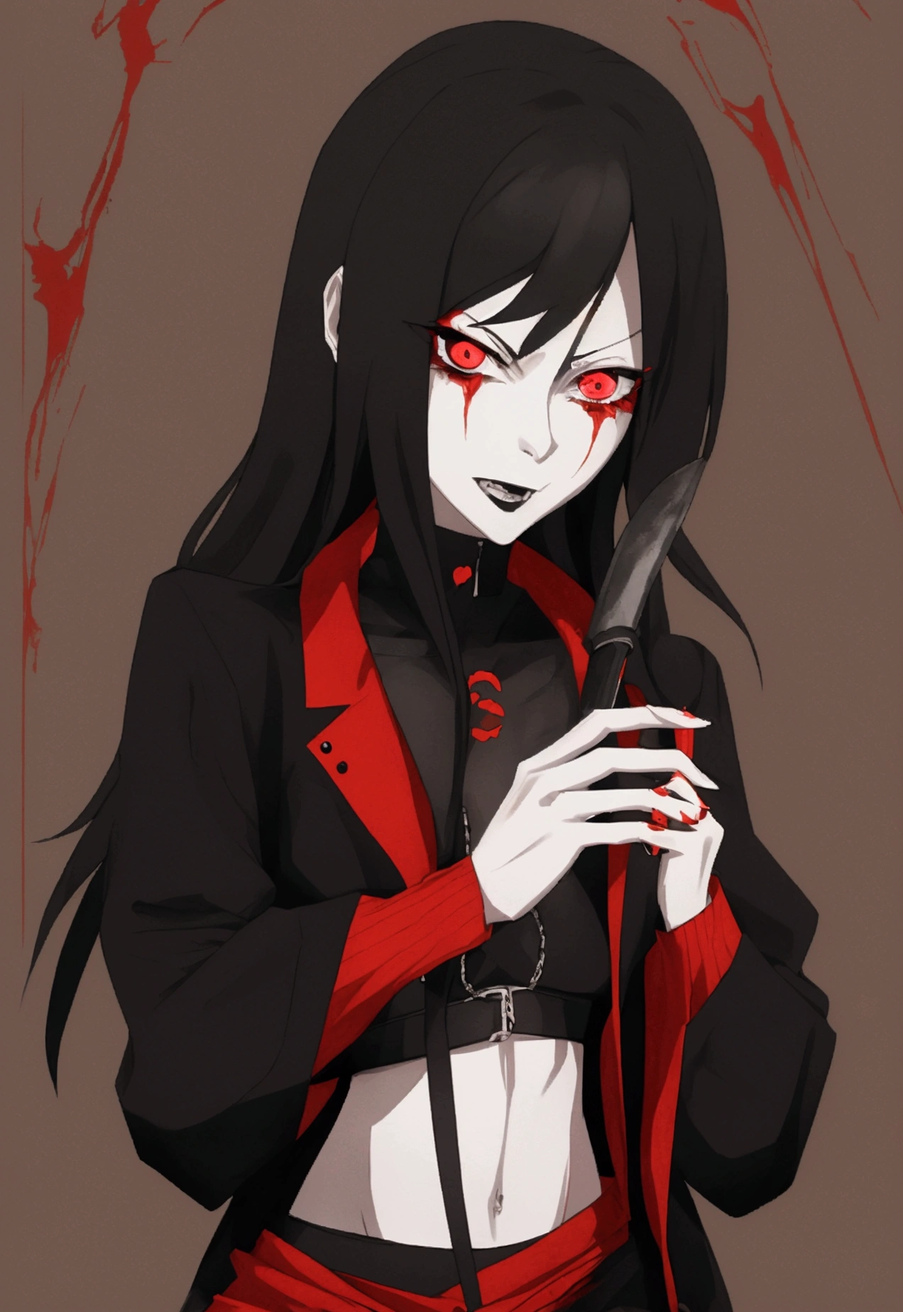 The image depicts a character, a sinister anime character with a cunning yet created aura. She is bloody, holding a knife and feeling deranged, resulting in anxiety and fear. The sight of ten at the same time is sexually exciting. Figure ragged but modern clothes in arcade, casual and street style. despite its dark nature, there is hidden beauty.