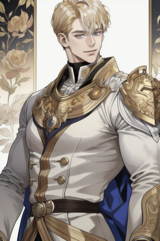 masterpiece, best quality, realistic, 1man, mature man, muscular tall, handsome, smile, closed mouth, portrait, extremely detailed face, (short hair), (golden hair), (heterochromia in eyes)