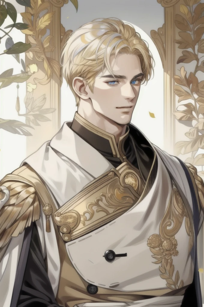 masterpiece, best quality, realistic, 1man, mature man, muscular tall, handsome, smile, closed mouth, portrait, extremely detailed face, (short hair), (golden hair), (heterochromia in eyes)