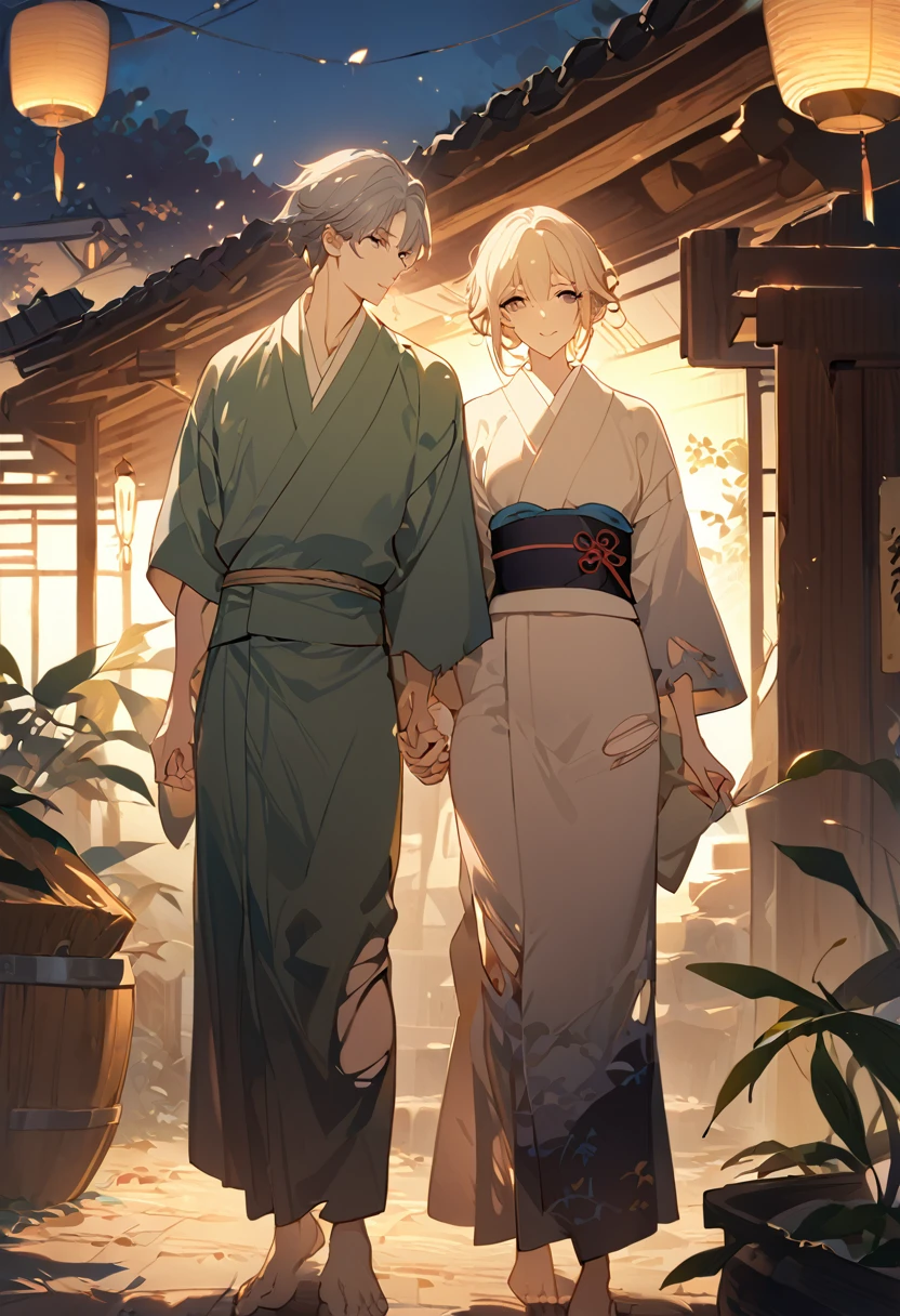 masterpiece, best quality, 8k ,4k, 2 boys, elf boys, long ears elf, twin elf, (one boy dark grayish hair with dark greenish eyes, torn and worn out clothes, yukata like clothes, thin body), (one boy light blond hair with dark bluish eyes, clean and neat clothes, yukata like clothes), simple short yukata, stand side by side, holding hand, inspired by Asukaziye artist : ask, art style : ask