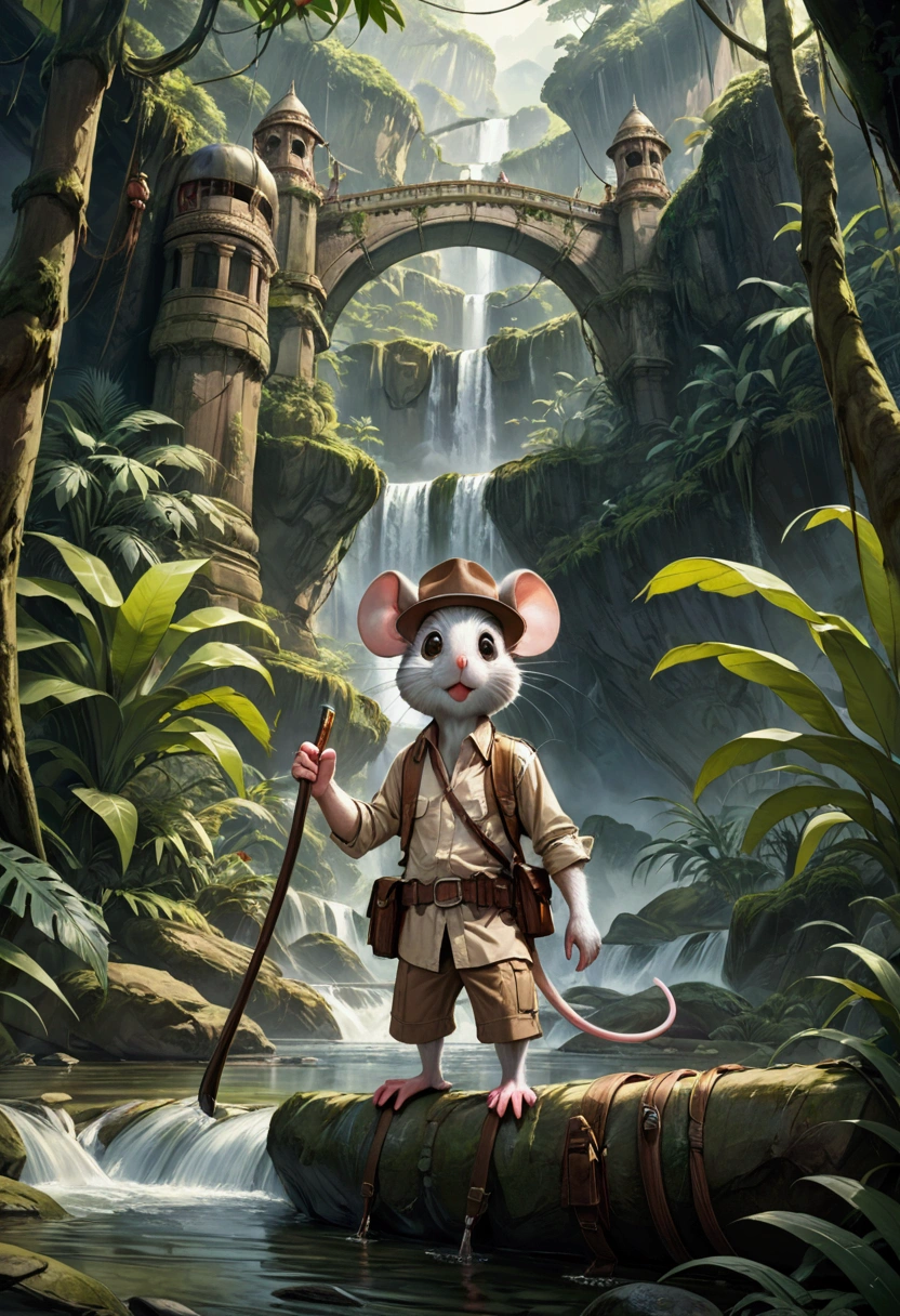 1boy, adventurous jungle explorer, Jungle Adventure, anthropomorphic cute little mouse dressed like "Indiana jones" riding in the saddle on large duck down rapids down mountain stream. saddle bags, bed roll, camping gear, in jungle insanely detailed matte painting by Wadim Kashin, James Gurney, 16k resolution, fine art, natural light, masterpiece, best quality, very aesthetic, absurdres