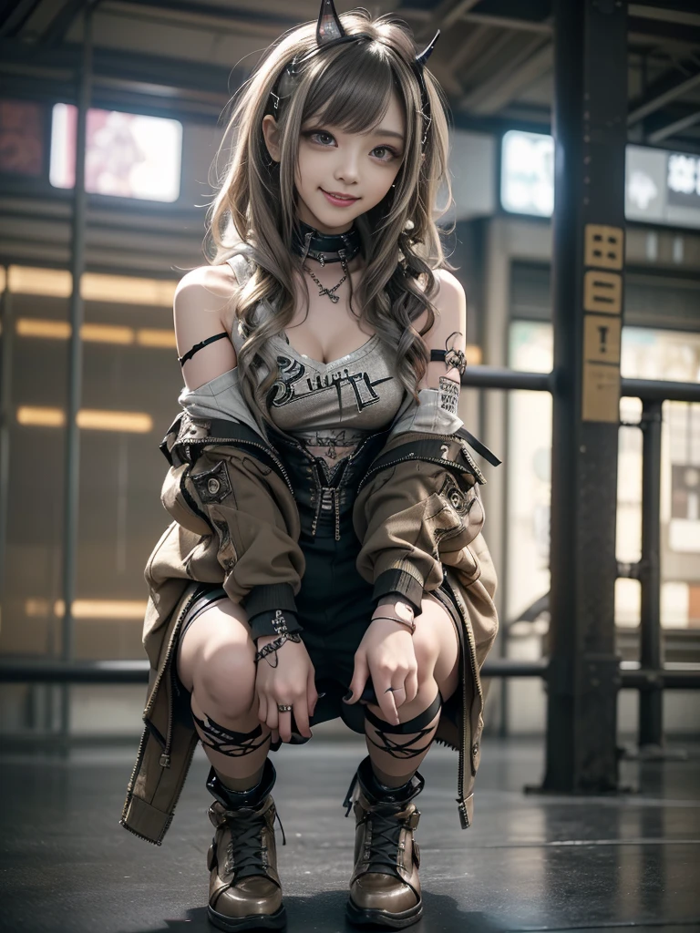 (Full Body View:1.2)、(Smiling with teeth showing:1.3),(Shibuya Gal:1.5)、(Race Queen:1.5)、(Neo-goth fashion:1.5)、(Punk RockVisual Kei:1.5)、(An off-the-shoulder hoodie in khaki and brown with delicate silver accessories.:1.5)、(A corset with a delicate beige and brown design:1.4)、(Khaki and brown snakeskin bodysuit:1.5)、(head band:1.3)、(Beige and charcoal knee socks:1.4)、Embellished collar and long boots、(I'm selling snake print underwear.:1.4)、(Long eyelashes:1.3)、(20-year-old)、((Highest quality、8k、masterpiece:1.3))、1 Female、Slim and beautiful abs:1.3、(hairstyle casual、Beautiful boobs:1.1)、(Doing an aerobics pose:1.3)、dress:1.1、Super small face、Narrow eyes、double eyelid、A sloppy smile、Esbian all over body、Dynamic Angle、Close-up、CPL Filter、Blurred Background、Bokeh、Blue Hour、Detailed face and skin texture、Detailed eyes、,(Twin tails:1.3)、(Black brown hair:1.3)、Gravure idol、(The background is a glamorous dance hall:1.3)、(Make your legs thinner:1.4)、(Slim Body:1.3)、(clavicle:1.1)