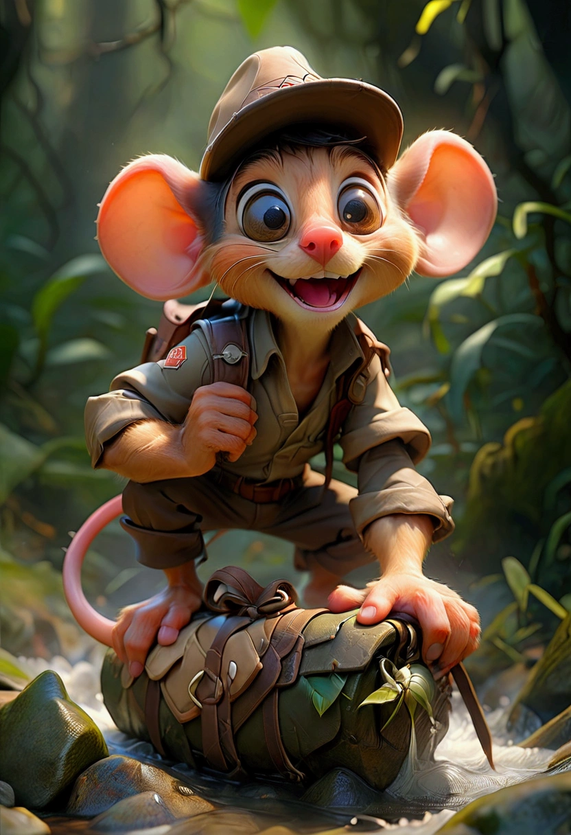 1boy, adventurous jungle explorer, Jungle Adventure, anthropomorphic cute little mouse dressed like "Indiana jones" riding in the saddle on large duck down rapids down mountain stream. saddle bags, bed roll, camping gear, in jungle insanely detailed matte painting by Wadim Kashin, James Gurney, 16k resolution, fine art, natural light, masterpiece, best quality, very aesthetic, absurdres