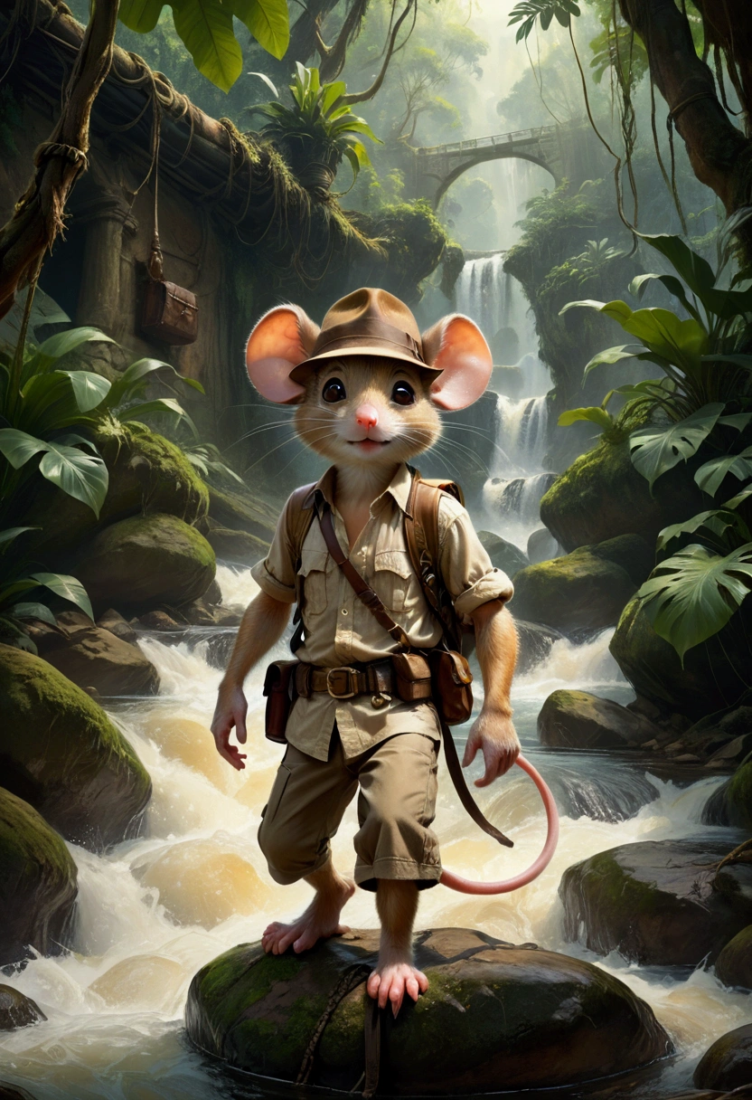 1boy, adventurous jungle explorer, Jungle Adventure, anthropomorphic cute little mouse dressed like "Indiana jones" riding in the saddle on large duck down rapids down mountain stream. saddle bags, bed roll, camping gear, in jungle insanely detailed matte painting by Wadim Kashin, James Gurney, 16k resolution, fine art, natural light, masterpiece, best quality, very aesthetic, absurdres