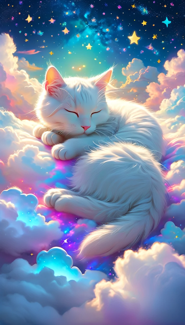 There is a white cat sleeping on a cloud with stars in the background, Lisa Frankによるコンセプトアート, Trending on CGSociety, fur art, Dream animal cute eyes, Adorable digital painting, Beeple and Jeremiah Kettner, Cute and detailed digital art, Cute digital art, Lisa Frank, Lying in the fairyland of white clouds, Sweet dreams, A dreamlike night, Dreamy Art
