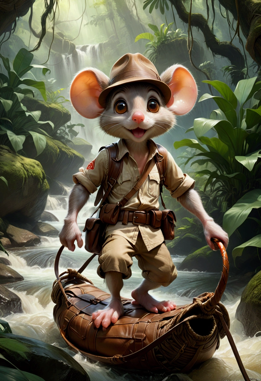 1boy, adventurous jungle explorer, Jungle Adventure, anthropomorphic cute little mouse dressed like "Indiana jones" riding in the saddle on large duck down rapids down mountain stream. saddle bags, bed roll, camping gear, in jungle insanely detailed matte painting by Wadim Kashin, James Gurney, 16k resolution, fine art, natural light, masterpiece, best quality, very aesthetic, absurdres