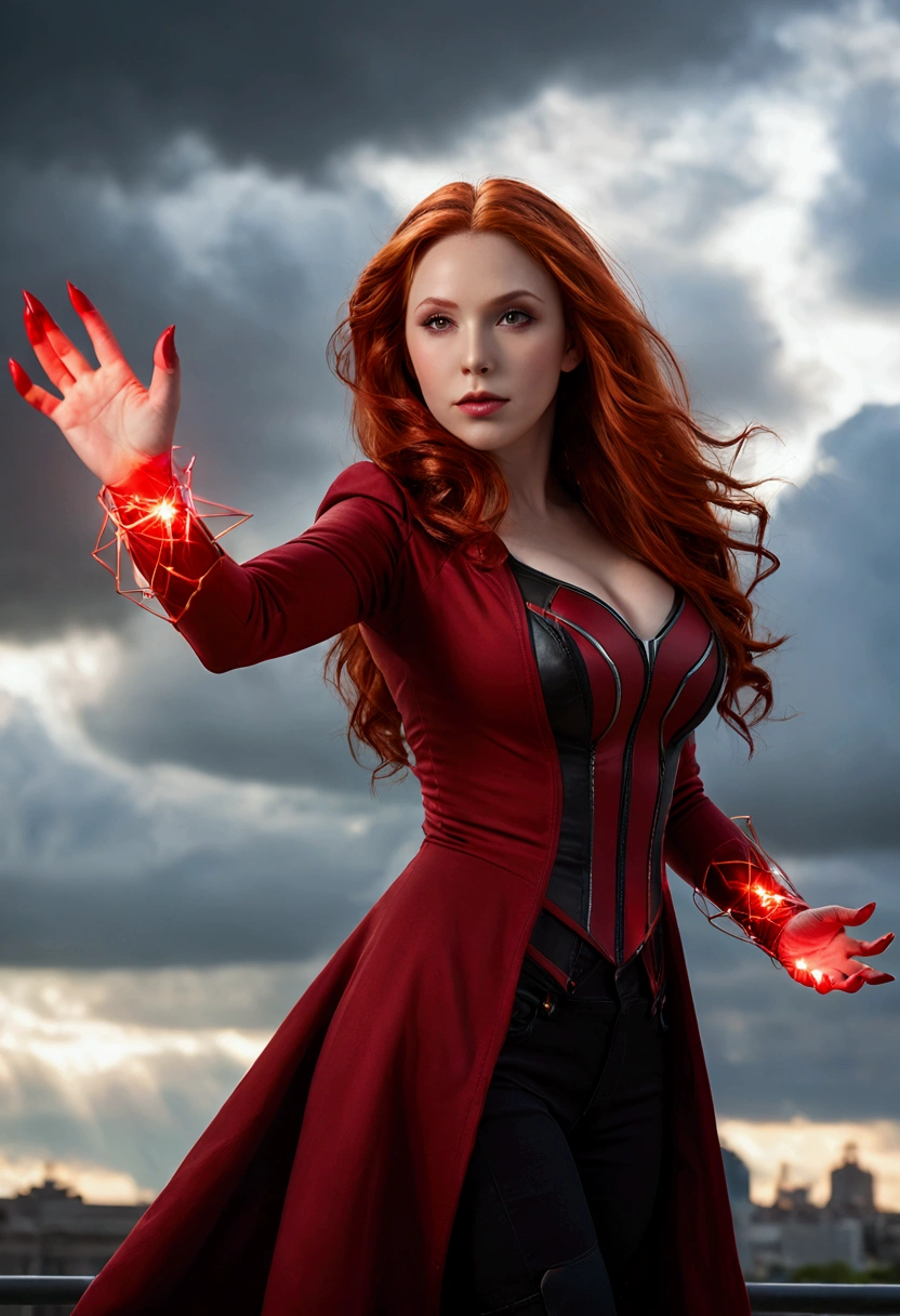 ultra realistic, photography, long red hair, girl, 24 years old, hourglass figure, perfect body, Flirty look, extremely detailed artgerm, in the style artgerm, facing the camera, lens 35 mm, blur background, scarlet witch red cosplay, floating in the air, red electric glowing hands, outside in darkening clouds, clouds with red electricity, full body, full body pic