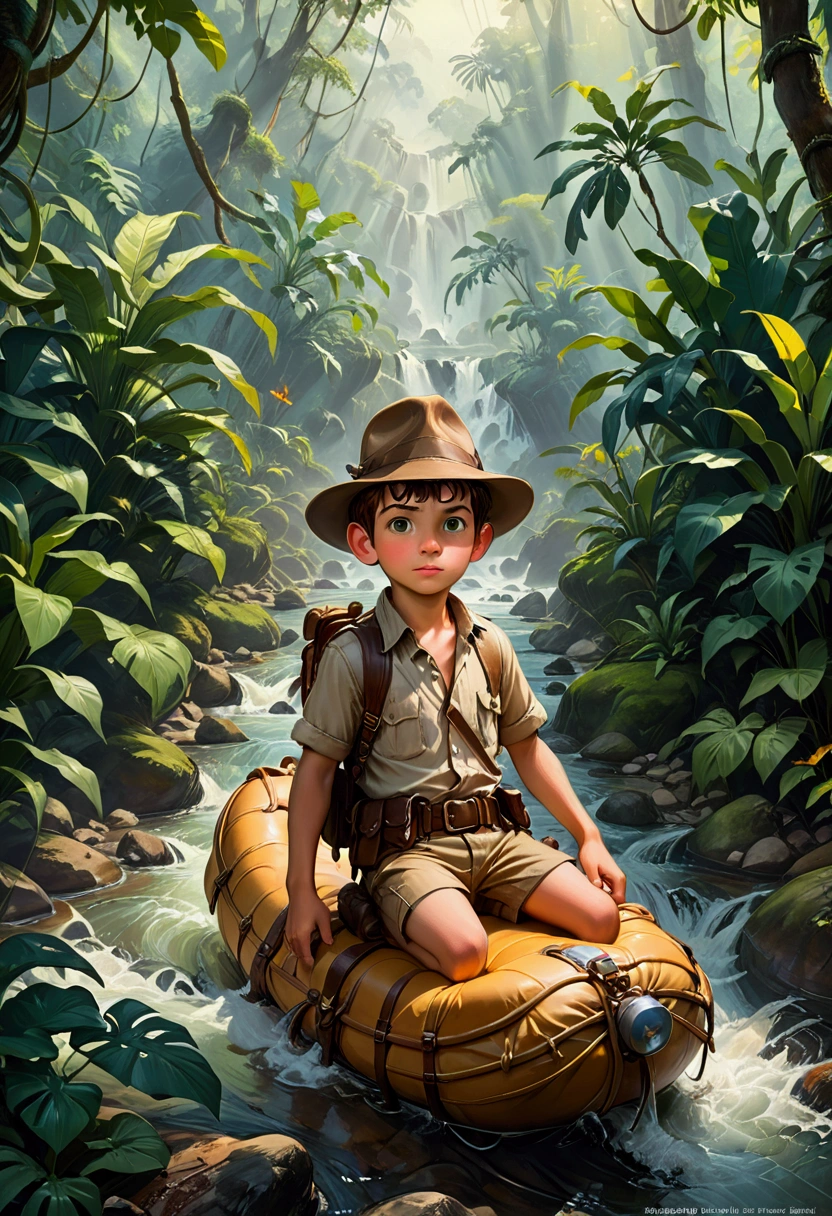 1boy, adventurous jungle explorer, Jungle Adventure, anthropomorphic cute little mouse dressed like "Indiana jones" riding in the saddle on large duck down rapids down mountain stream. saddle bags, bed roll, camping gear, in jungle insanely detailed matte painting by Wadim Kashin, James Gurney, 16k resolution, fine art, natural light, masterpiece, best quality, very aesthetic, absurdres