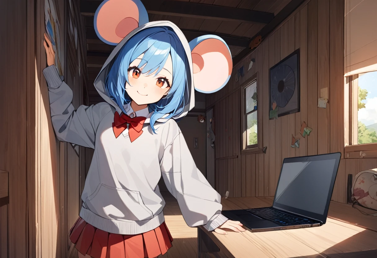 ((1girl)), face shot, Blue Hair Girl, Hoodie with hood, {gray hoodie, hood up,Hood with big mouse ears}, High , {White collared shirt, Red bow tie、Pleated skirt},Cowboy Shot、smile, Walking with a closed laptop、Black laptop、Inside the house