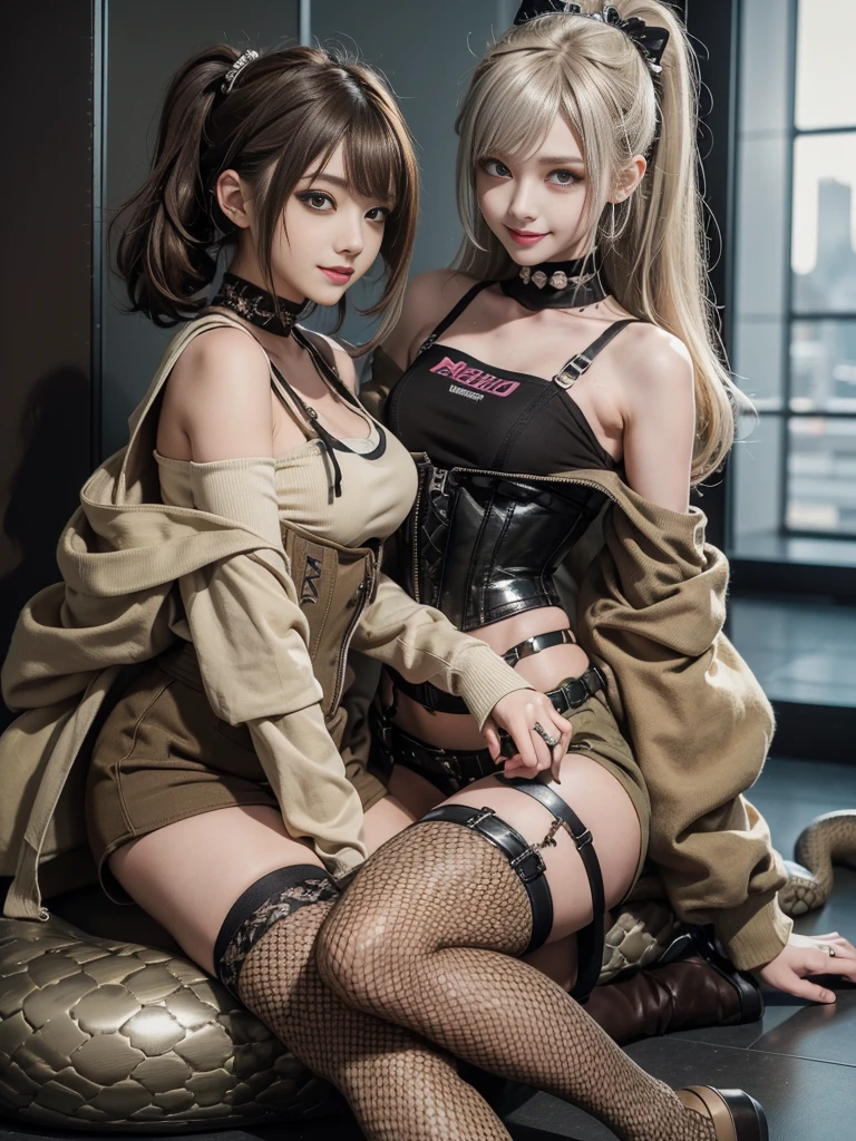 (Smiling with teeth showing:1.3),(Shibuya Gal:1.5)、(Popular idol unit style:1.5)、(Neo-goth fashion:1.5)、(Punk RockVisual Kei:1.5)、(An off-the-shoulder hoodie in khaki and brown with delicate silver accessories.:1.5)、(A corset with a delicate beige and brown design:1.4)、(Dark grey, khaki and brown snakeskin bodysuit:1.5)、(Snake print headband:1.3)、(Beige and charcoal knee socks:1.4)、Embellished collar and long boots、(I'm selling snake print underwear.:1.4)、(Long eyelashes:1.3)、(20-year-old)、((Highest quality、8k、masterpiece:1.3))、1 Female、Slim and beautiful abs:1.3、(hairstyle casual、Beautiful boobs:1.1)、(Doing an aerobics pose:1.3)、dress:1.1、Super small face、Narrow eyes、double eyelid、A sloppy smile、Esbian all over body、Dynamic Angle、Close-up、CPL Filter、Blurred Background、Bokeh、Blue Hour、Detailed face and skin texture、Detailed eyes、,(Twin tails:1.3)、(Black brown hair:1.3)、Gravure idol、(The background is a glamorous dance hall:1.3)、(Make your legs thinner:1.4)、(Slim Body:1.3)、(clavicle:1.1)