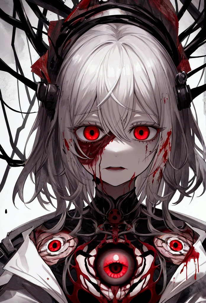 The image shows a bloody eye, full of madness and pain, with blood leaking from it, creating a dark, terrifying scene. The eye is unnaturally enlarged, hypnotizing and full of madness, which evokes the deepest fears in people. The whole thing is repulsive, but at the same time fascinating, drawing the viewer into a vortex of abstraction and chaos, where it is easy to get lost. This incredibly terrifying image attracts attention and does not allow you to look away, arousing anxiety and fear.