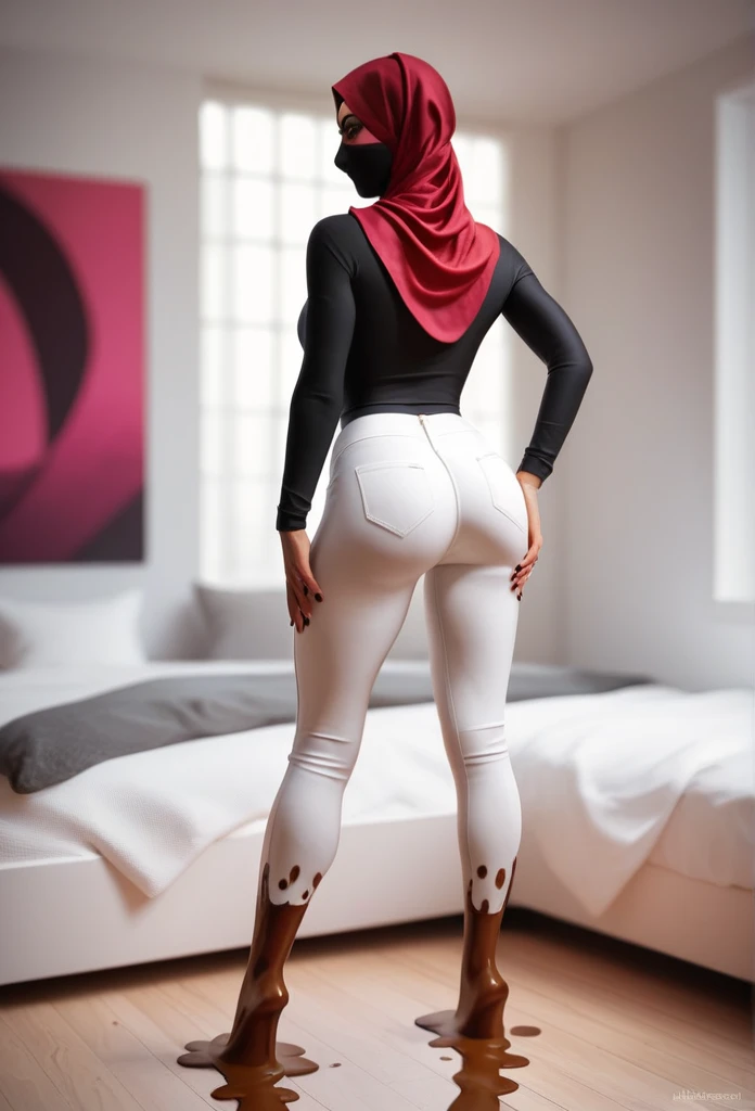 RAW, realistic graphics, realistic textures, Best quality, high resolution, (((Masterpiece))), High-definition, ultra-detailed, ultra-realistic rendering, ultra-hd, realistic body proportions, 1girl, cute face, skinny body, hijab, longsleeve tight black tshirt, white pants, very wet fart stain (stain only), extremely wet fart stain (stain only), huge brown fart stain (stain only), (((liquid mud dripping))), hand on ass, full body view, in bedroom, detailed bedroom