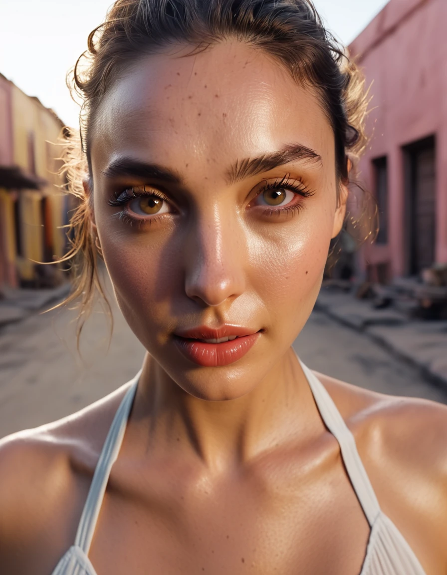 A GoPro selfie of stunning young Gal Gadot in movie set, vintage aesthetic, featuring expressive opened eyes, perfect skin, look serious, a flawless face, highly detailed features, a photographic 35mm shot, golden hour lighting, cinematic illumination, extreme realism, sweat, and a pastel-colored background. The image is captured in stunning Ultra HD with a Nikon D850, ultra realistic Details, 4k, photorealistic