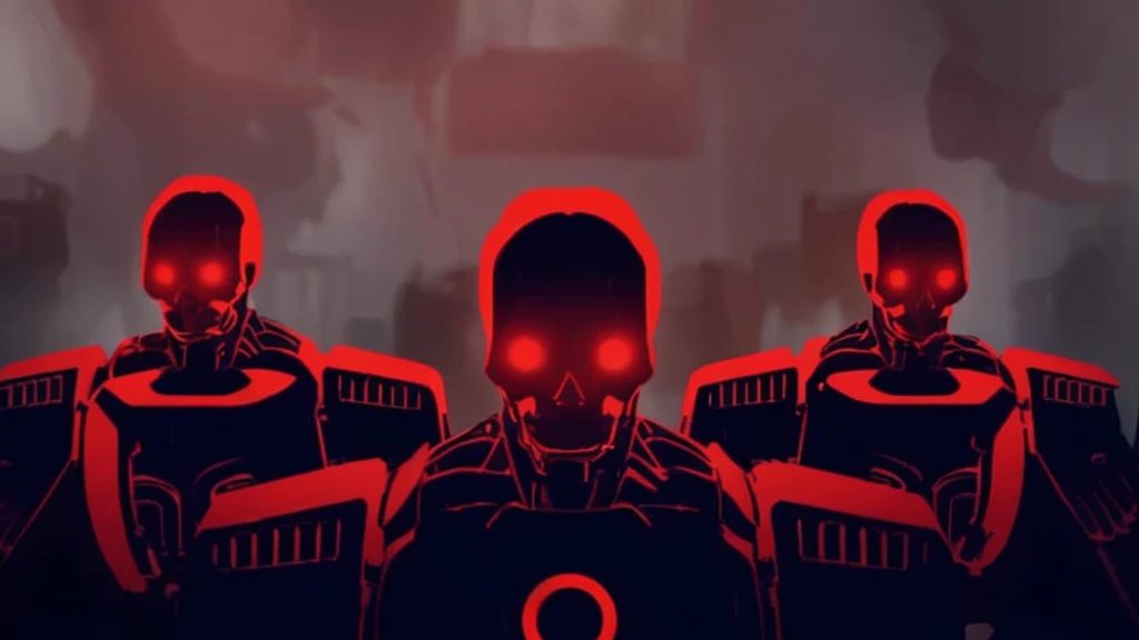 album cover, foreground 3 automation of the helledivers game in the shadows lit by a red light, they are in a mist
