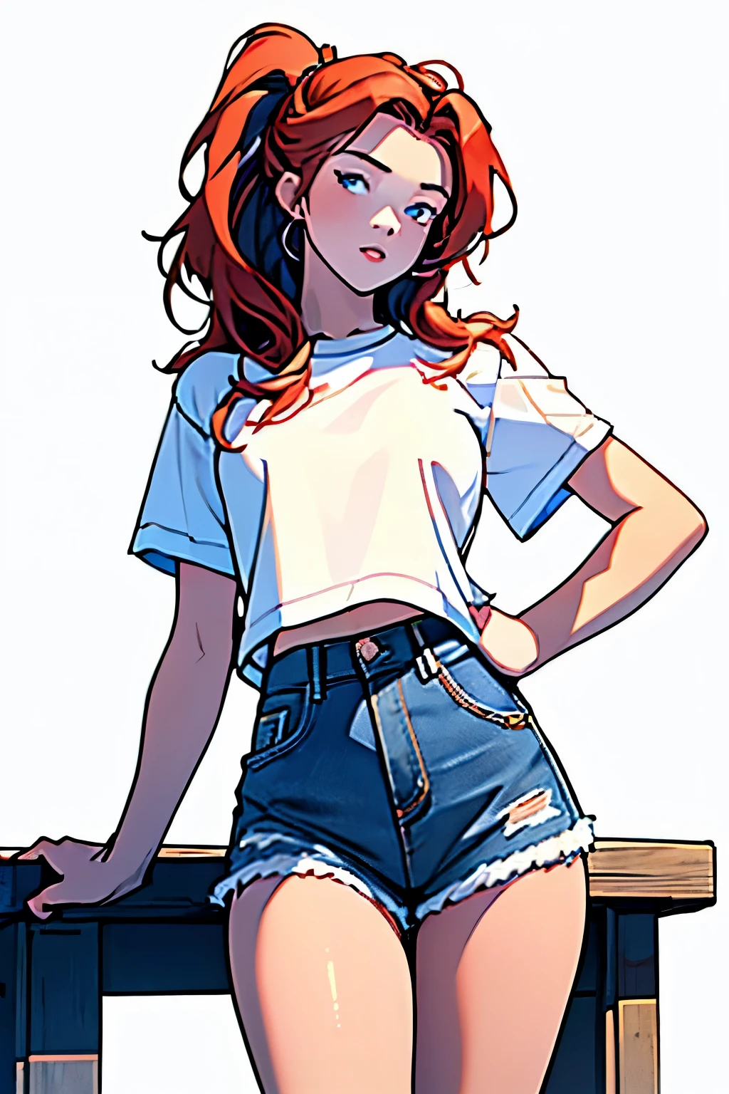 masterpiece, best quality, waist up,1girl,the highest image quality, 21-year-old woman, looks like Olivia Dunne, bright red hair, blue eyes, wearing a white graphic tee and denim shorts, large breasts, White background, empty background, waist up , standing normally