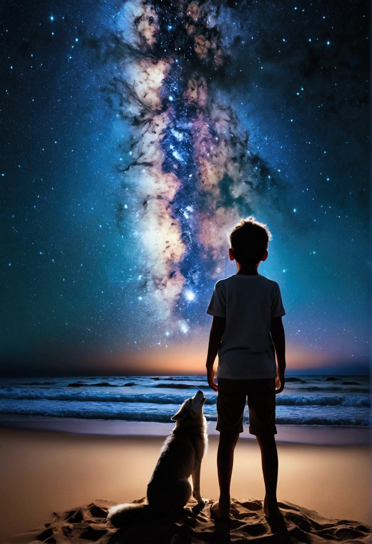 1boy, wolf, furry, fluffy tail, The entire starry sky of the galaxy.,The flickering light of the stars,No limits,Fantastic view,a boy standing,Beautiful beach around.