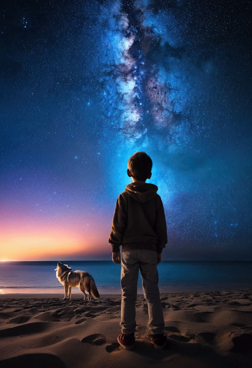 1boy, wolf, furry, fluffy tail, The entire starry sky of the galaxy.,The flickering light of the stars,No limits,Fantastic view,a boy standing,Beautiful beach around.