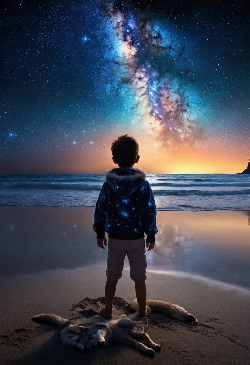 1boy, wolf, furry, fluffy tail, The entire starry sky of the galaxy.,The flickering light of the stars,No limits,Fantastic view,a boy standing,Beautiful beach around.