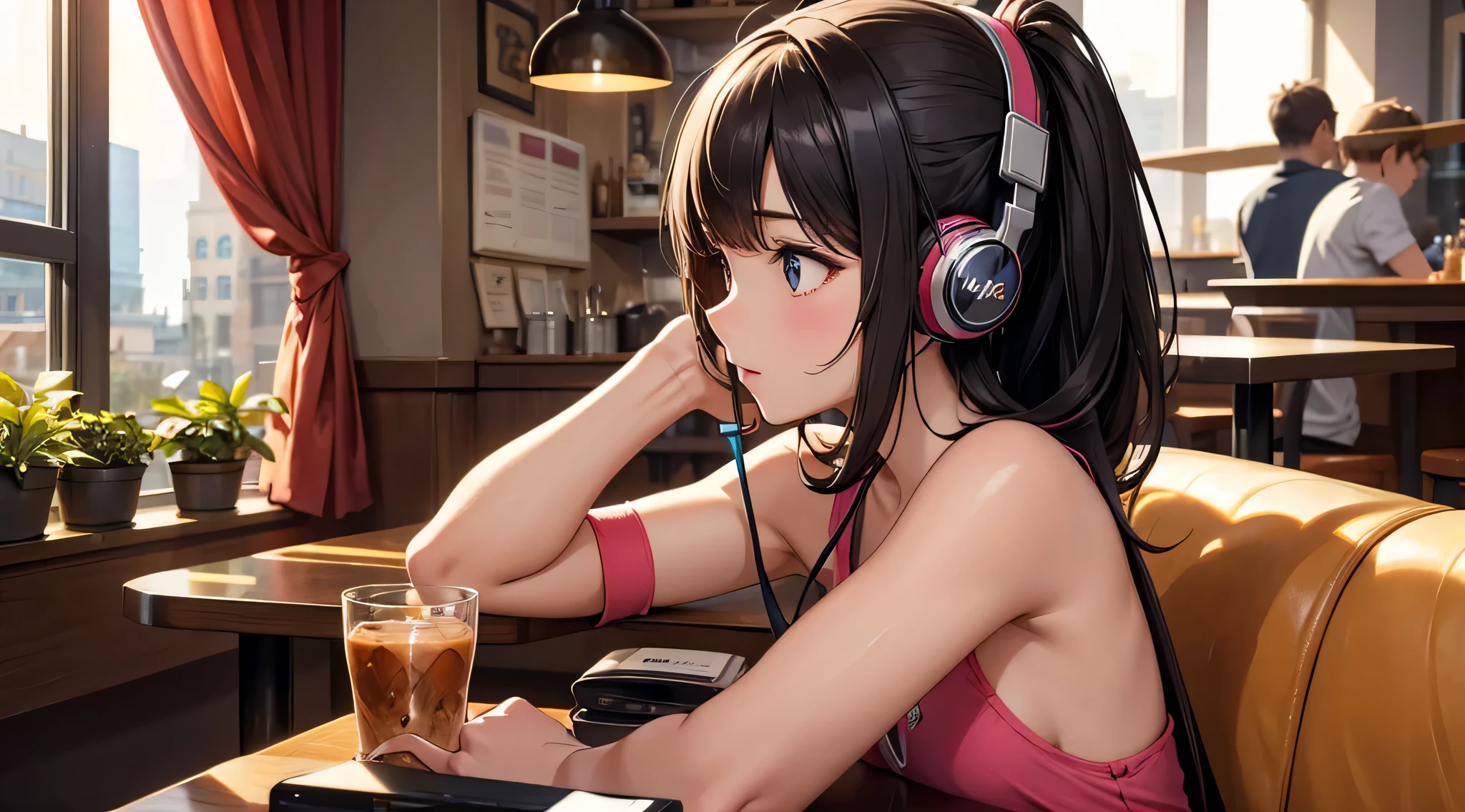 Girl with headphones enjoying music in a cafe I am studying Emphasize a little bit of the chest