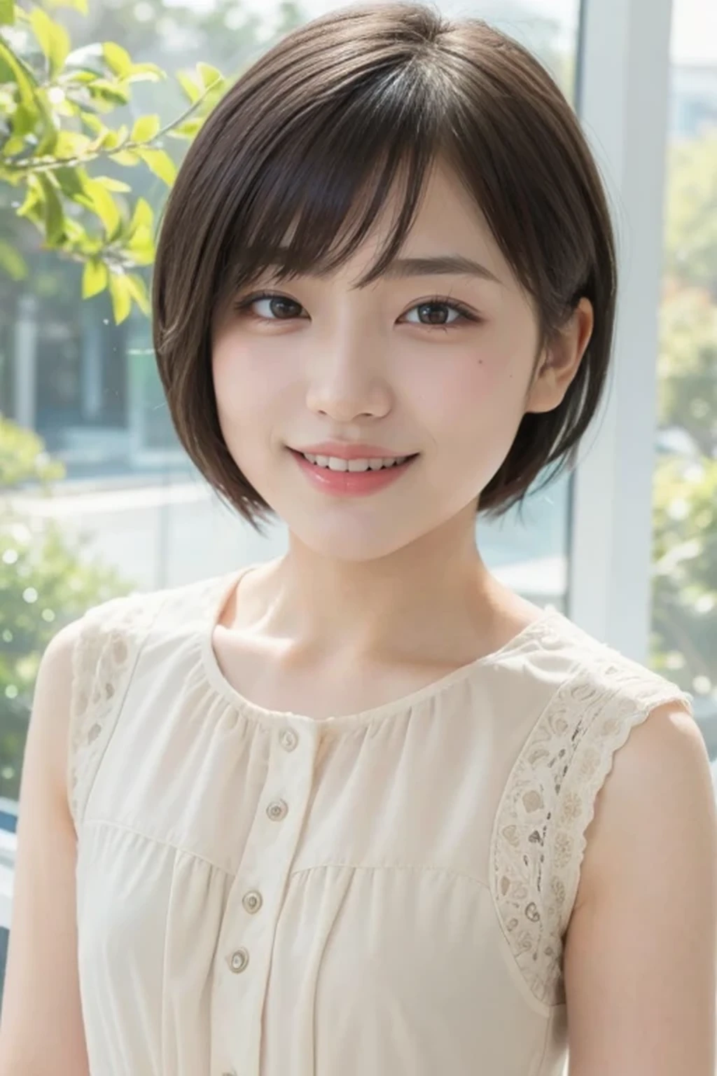 (natural lighting:1.3), 8k, RAW photo, best quality, masterpiece, realistic, photo-realistic, clear, beautiful face, no makeup, best quality, ultra high res, BREAK, Japanese cute girl, 14 years old, (short cut hair:1.2), smile, standing