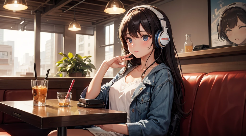 Girl with headphones enjoying music in a cafe　I am studying　Emphasize a little bit of the chest