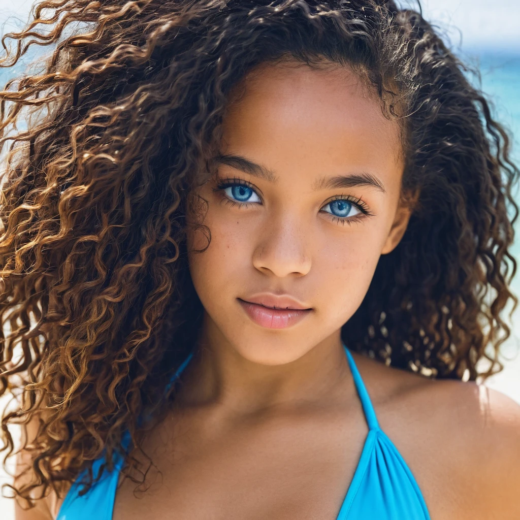 une belle biracial fille en bikini, cheveux bleus, yeux bleus clairs, d'une fête au bord de la piscine, Visage détaillé, Prise de vue complète du corps, yeux détaillés, lèvres détaillées, peau mouillée, éclaboussures d'eau, plantes tropicales, palmiers, casquette fruits fleurs, soleil brillant, couleurs vives, superbe 4k, Photoréaliste, très détaillé,Gros seins,