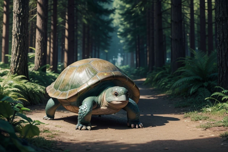 Disney 3D cartoon-like images of a turtle walking calmly with a wise smile in an enchanted forest.