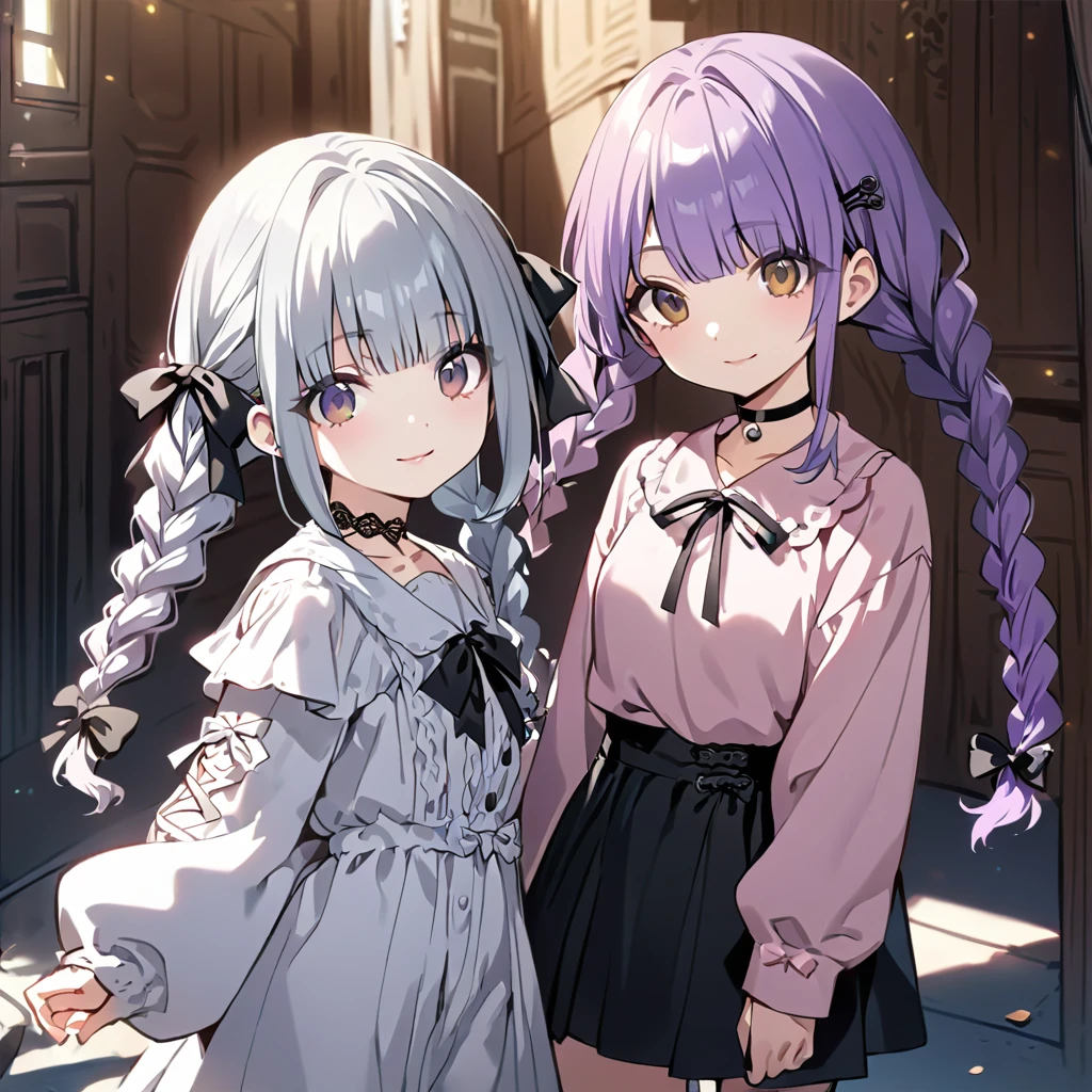 (Cute 2girls:1.5), (one girl with silver middle hair, Hair between the eyes, brown eyes, white T-shirt.jeans short pants:1.4), (other girl with closs hair pin, pale purple hair, wavy two braids, blunt bangs hair, green and black eyes, closs hair pin,
pink shirt,cosplay, jirai kei, bangs, black skirt, black bow, looking at viewer, bow, long sleeves, choker, ribbon:1.4),anime visual, (tilt head:1.3), realistic lighting and shading, (an extremely delicate and beautiful art:1.3),cowboy shot,smilng,