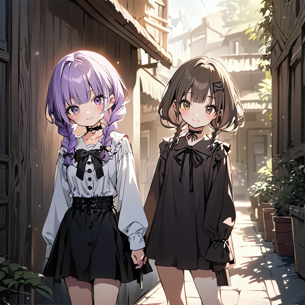 (Cute 2girls:1.5), (one girl with silver middle hair, Hair between the eyes, brown eyes, white T-shirt.jeans short pants:1.4), (other girl with closs hair pin, pale purple hair, wavy two braids, blunt bangs hair, green and black eyes, closs hair pin,
pink shirt,cosplay, jirai kei, bangs, black skirt, black bow, looking at viewer, bow, long sleeves, choker, ribbon:1.4),anime visual, (tilt head:1.3), realistic lighting and shading, (an extremely delicate and beautiful art:1.3),cowboy shot,smilng,