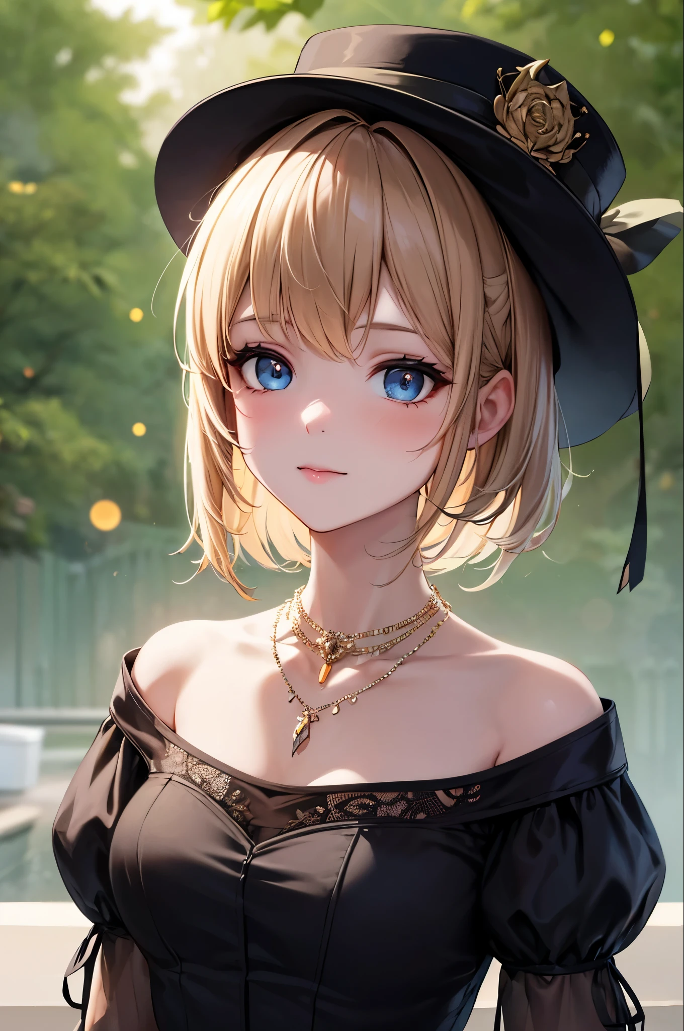 最high quality, masterpiece, One Girl, dress, hat, necklace, jewelry, Beautiful Face,, Tyndall effect, Rim Light, Two-tone lighting, (High resolutionの肌: 1.2), 8k, Digital SLR, Soft lighting, high quality, Volumetric lighting, High resolution, 4K, 8k, Bokeh,