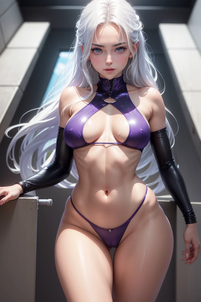 HDR, 2k, 4K, 8k, work of art, high resolution, detailded, plush lips, gaping mouth, sheen, detailded reflections, 1 girl, standing alone, Scrawny, athletic body, body soaking wet, dripping wet body, tanned skin color, detailded blue eyes, long hair, white hair gradient, perfect hands, perfect toes, perfect legs, perfects eyes, {perfect detailded eyes}, {beautiful detailded face}, {Adult Face},{beautiful mature face},{kor:25}, Lower saturation,{symetry}, cinematic, {medium breasts}, Scrawny waist, Scrawny legs, happy face, smiling, rear view only, round buttocks, water droplets in the body, perfectbody, {purple reflective micro bikini}, tight micro bikini, looking horny, seducer, playful, animated humor, legs spread open, very sexy