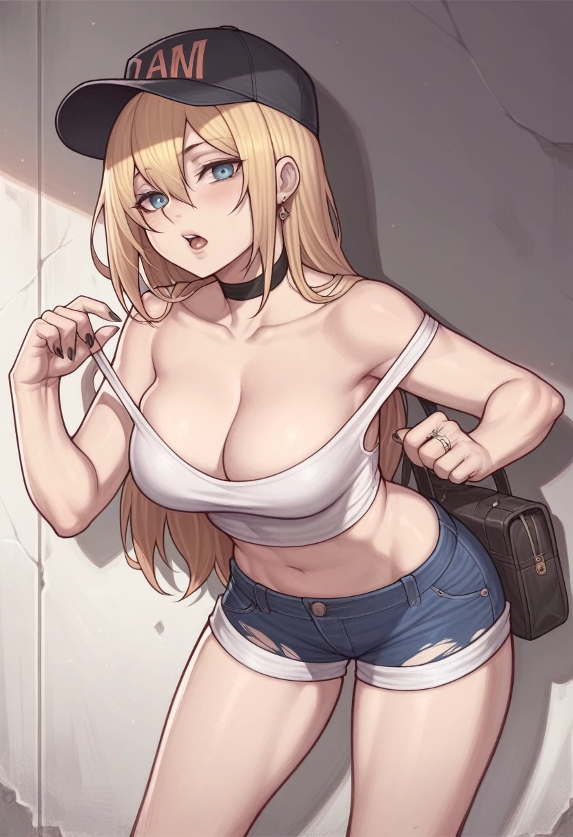 _asura style, 1girl, breasts, hat, eyewear_hang, blue_eyes, long_hair, solo, shorts, cleavage, choker, sunglasses, navel, open_mouth, jewelry, baseball_cap, midriff, looking_at_viewer, black_nails, eyewear_removed, strap_slip, torn_clothes, nail_polish, ring, tank_top, denim, short_shorts, collarbone, black_choker, black_shorts, hair_between_eyes, crop_top, brown_hair, blush, earrings, bare_shoulders, denim_shorts, bangs, leaning_forward, large_breasts, bag, blonde_hair, cowboy_shot, torn_shorts, medium_breasts