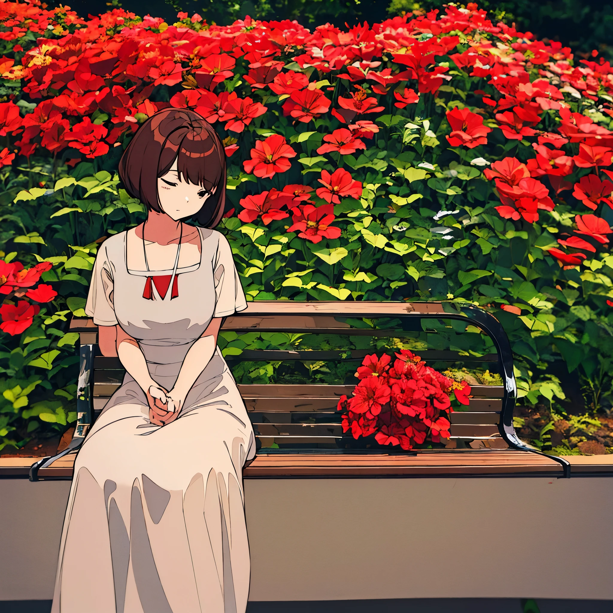 Light gray background Woman sitting on bench Red flowers Summer Brown short hair