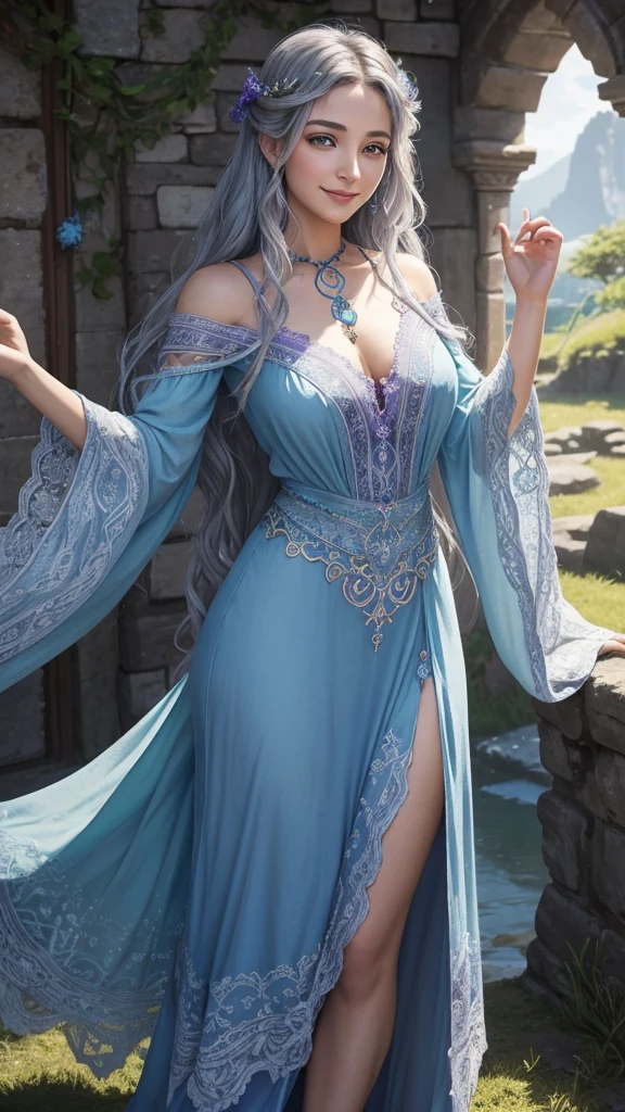 Ms. Luna, the fantasy literature professor, is a woman in her mid-30s with an ethereal aura about her. She has long, curly silver hair that falls down her back like a river of moonlight, and her eyes are an piercing shade of indigo, reminiscent of a clear night sky. Her skin has a warm, golden undertone, as if kissed by the sun.
She often wears flowing, bohemian clothing with intricate lace and embroidery, in shades of purple, blue, and green, which complements her mystical and artistic nature. Around her neck, she wears a delicate silver pendant in the shape of a Celtic knot, symbolizing her love for mythology and the interconnectedness of all things.
Her smile is warm and radiant, capable of lighting up a room and making everyone feel welcome and at ease. She carries herself with grace and poise, moving with the fluidity of a dancer, and her presence is both calming and inspiring, like a gentle breeze on a summer's day.
