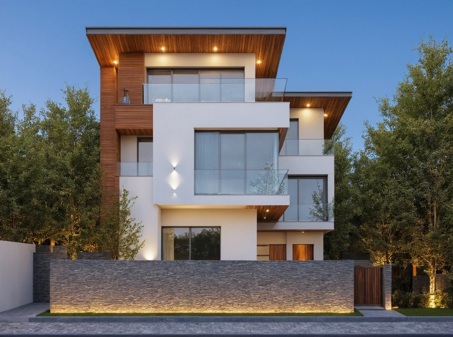 (Description of the first floor, ((white wall:1.2) mix design (Black aluminum brace separates villa floors)) , Precise lighting design, glass ceiling, and additional black marble map, (LED aluminum bar lights installed in ceiling and ceiling for exterior design), (2-sided spotlight for exterior design on the fence and door of the house), lighting steps leading up to planting flowers), modern villa design, (block sidewalks and asphalt roads), (day sky background), Low trees around the house, (mid day), (Neutral lighting is suitable for the townhouse, light color thermometer lighting), (architectural design visualization), (reflection), (focus on object), (material normal bump real reflection), (scattered light), (light ray), (multi-beam light), (sunbeam) (multi-level reflection), (chao vantage software visualization render),(((Best Quality))), ((Masterpiece)), ((best illustration)), ((best shadows)), ((Super Detail)), (Intricate lines), (Photorealism),(hyper detail), ((archdaily)), ((award winning design)), (dynamic light), ((day)), spotlight, (perfect light), (shimering light), ((photorealistic)), ((intricate detail)), ((extreme detail)), ((crazy detail)), ((octane render)), ((trending on artstation)), ((High-fidelity)), ((Viwvid)), ((Crisp)), ((Bright)), ((Stunning)), ((Eye-catching)), ((High-quality)),((Sharp))((Bright)), ((Stunning)), ((natural sun environment)), ((Eye-catching)), ((Illuminating)), ((Flawless)), ((High-quality)),((Sharp edge render)), ((medium soft lighting)), ((photographic render)), ((detailed archviz)), ((reality environment)), (modern villa design architectural design facade), (modern villa facade roof design), (modern villa facade wall design), (modern villa facade decoration material design) (modern villa door and window design modern), (environmental lighting design), (modern villa lighting design), (modern villa front gate and fence design), (Design lights for gate posts and fences), (modern villa facade railing design),