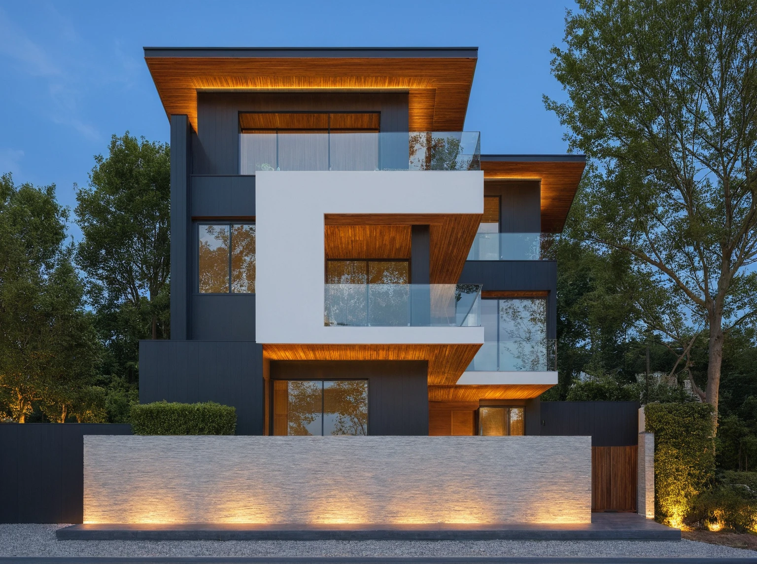(Description of the first floor, ((white wall:1.2) mix design (Black aluminum brace separates villa floors)) , Precise lighting design, glass ceiling, and additional black marble map, (LED aluminum bar lights installed in ceiling and ceiling for exterior design), (2-sided spotlight for exterior design on the fence and door of the house), lighting steps leading up to planting flowers), modern villa design, (block sidewalks and asphalt roads), (day sky background), Low trees around the house, (mid day), (Neutral lighting is suitable for the townhouse, light color thermometer lighting), (architectural design visualization), (reflection), (focus on object), (material normal bump real reflection), (scattered light), (light ray), (multi-beam light), (sunbeam) (multi-level reflection), (chao vantage software visualization render),(((Best Quality))), ((Masterpiece)), ((best illustration)), ((best shadows)), ((Super Detail)), (Intricate lines), (Photorealism),(hyper detail), ((archdaily)), ((award winning design)), (dynamic light), ((day)), spotlight, (perfect light), (shimering light), ((photorealistic)), ((intricate detail)), ((extreme detail)), ((crazy detail)), ((octane render)), ((trending on artstation)), ((High-fidelity)), ((Viwvid)), ((Crisp)), ((Bright)), ((Stunning)), ((Eye-catching)), ((High-quality)),((Sharp))((Bright)), ((Stunning)), ((natural sun environment)), ((Eye-catching)), ((Illuminating)), ((Flawless)), ((High-quality)),((Sharp edge render)), ((medium soft lighting)), ((photographic render)), ((detailed archviz)), ((reality environment)), (modern villa design architectural design facade), (modern villa facade roof design), (modern villa facade wall design), (modern villa facade decoration material design) (modern villa door and window design modern), (environmental lighting design), (modern villa lighting design), (modern villa front gate and fence design), (Design lights for gate posts and fences), (modern villa facade railing design), 