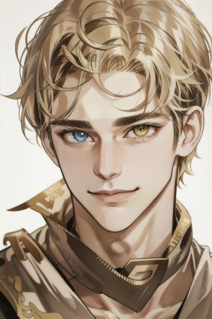 masterpiece, best quality, realistic, 1man, mature man, muscular tall, handsome, smile, closed mouth, portrait, extremely detailed face, (short hair), (golden hair), (heterochromia in eyes)