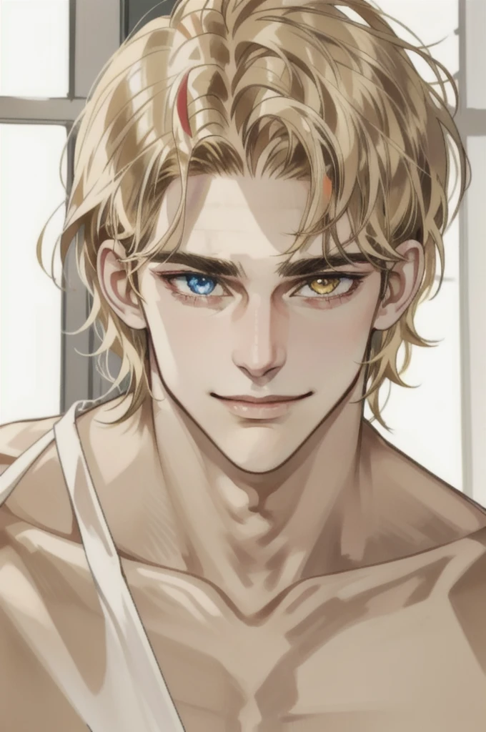 masterpiece, best quality, realistic, 1man, mature man, muscular tall, handsome, smile, closed mouth, portrait, extremely detailed face, (short hair), (golden hair), (heterochromia in eyes)