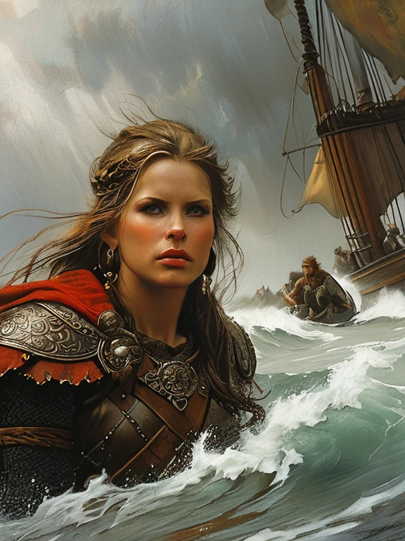 (masterpiece), (best quality), (ultra-detailed), Charcoal and chalk drawings. Exquisitely detailed, dark fantasy illustration depicts a surreal fantasy, capturing the tense and dramatic landing of a Viking war party on the shores of England. Ships with intricately carved dragon heads cut through the fog, their oars cutting through the waves. Vikings, dressed in rough leather and iron armor, leap from their ships, their fierce faces illuminated by the overcast sky, illustration, disheveled hair, detailed eyes, perfect composition, moist skin, intricate details, earrings, by wlop, This picturesque scene exudes calm and tranquility, evoking a sense of unity with nature and a sense of the grandeur of the world around us. She invites the viewer to immerse herself in the contemplation of beauty and think about the eternal truths of existence, in the style of Bernie Wrightson, Anders Zorn, Alexi Brilo, Luis Royo