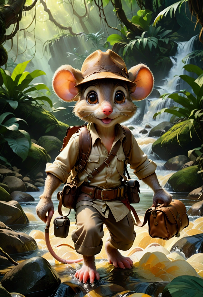 1boy, adventurous jungle explorer, Jungle Adventure, anthropomorphic cute little mouse dressed like "Indiana jones" riding in the saddle on large duck down rapids down mountain stream. saddle bags, bed roll, camping gear, in jungle insanely detailed matte painting by Wadim Kashin, James Gurney, 16k resolution, fine art, natural light, masterpiece, best quality, very aesthetic, absurdres
