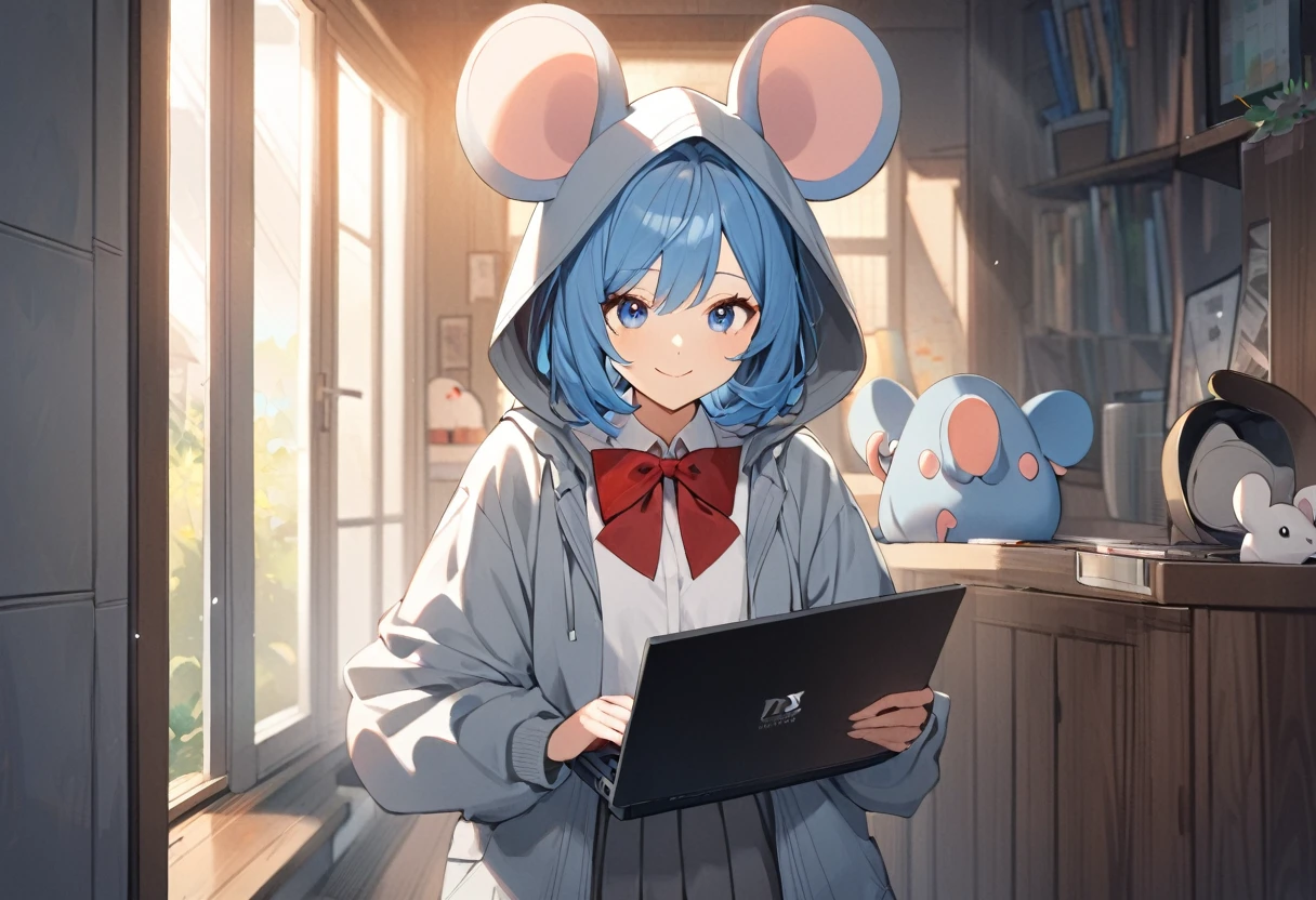 ((1girl)), face shot, Blue Hair Girl, Hoodie with hood, {gray hoodie, hood up,Hood with big mouse ears}, High , {White collared shirt, Red bow tie、Pleated skirt},Cowboy Shot、smile, He is walking with a closed laptop under his arm、Black laptop、Inside the house
