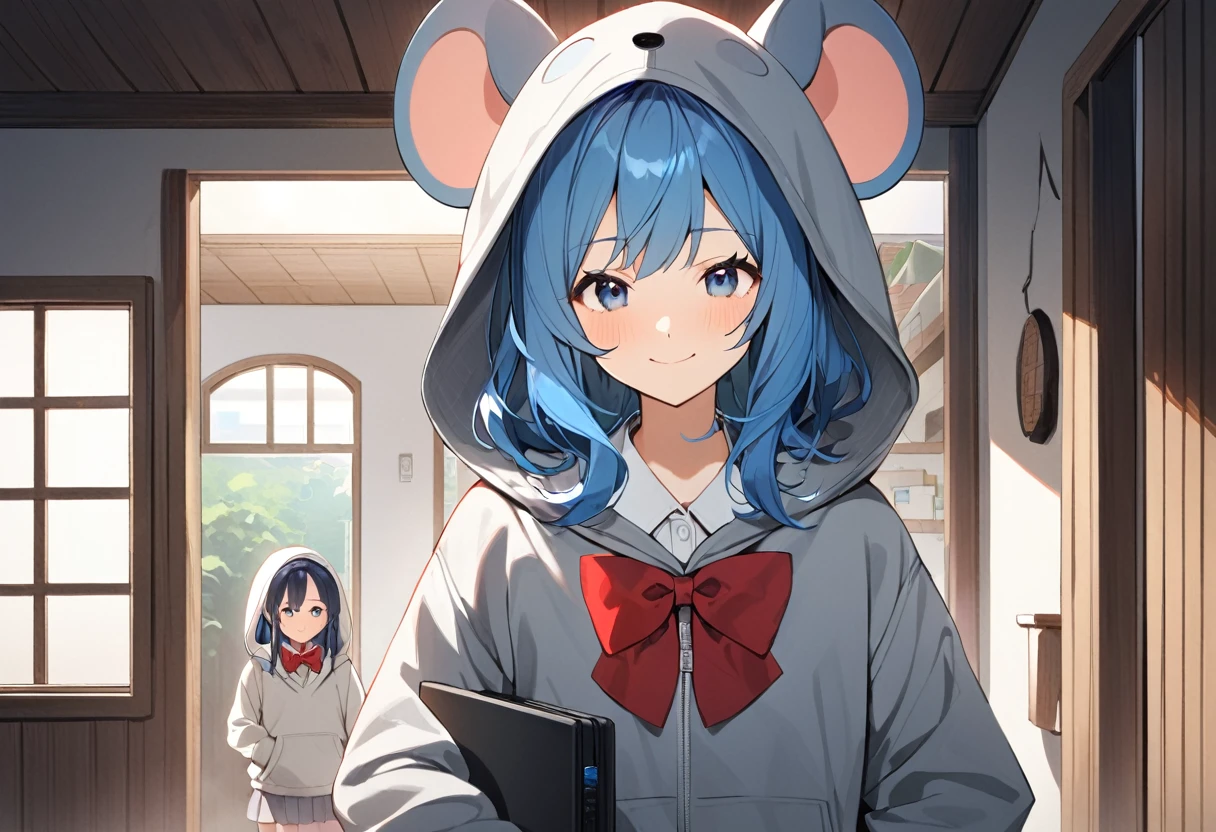 ((1girl)), face shot, Blue Hair Girl, Hoodie with hood, {gray hoodie, hood up,Hood with big mouse ears}, High , {White collared shirt, Red bow tie、Pleated skirt},Cowboy Shot、smile, He is walking with a closed laptop under his arm、Black laptop、Inside the house