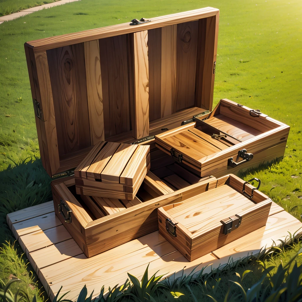 Wooden boxes on the grass