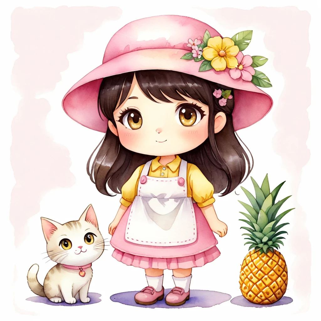 better quality. watercolor illustration, cartoon style,chibi,digital illustration of a stylized character. The character appears to be a young girl with large, expressive eyes and a friendly, approachable expression. She has long, dark hair and is wearing a pink dress with a yellow apron that has the word "YASMIN" written on it. She is also wearing a beige hat and yellow shoes. The character is holding a basket filled with flowers and a pineapple, and there is a small white cat next to her. The background is plain white, which puts the focus on the character. The overall style of the image is cartoonish and whimsical, with a soft color palette that gives it a gentle and charming appearance. by Beatrix Potter and Belinda Lyon. anime, kawaii,