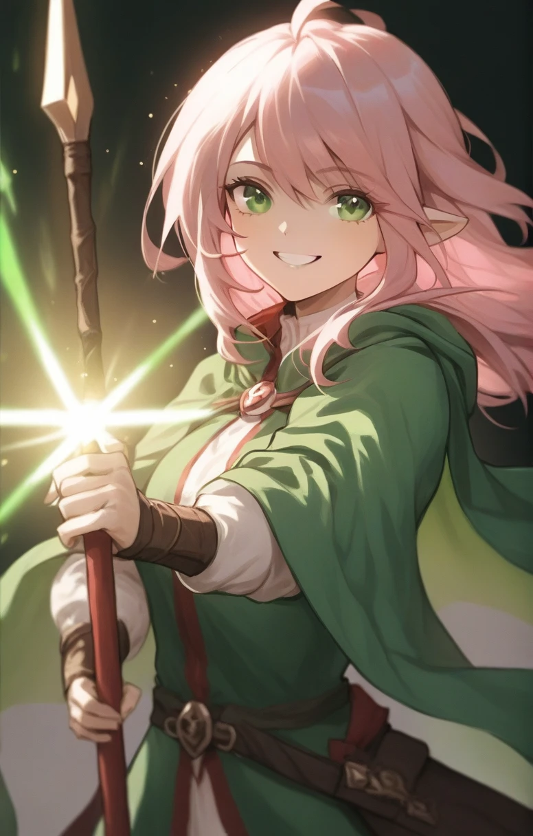 elf, woman, dnd, pink hair, adventurer, green cloak, elegant, wield staff, green eye, sun light, bust shot, smile, flat chest