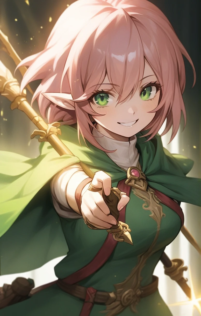 elf, woman, dnd, pink hair, adventurer, green cloak, elegant, wield staff, green eye, sun light, bust shot, smile, flat chest