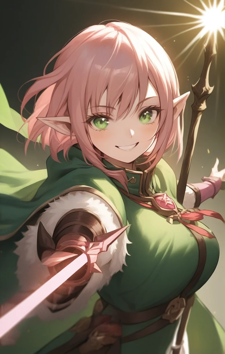 elf, woman, dnd, pink hair, adventurer, green cloak, elegant, wield staff, green eye, sun light, bust shot, smile, flat chest
