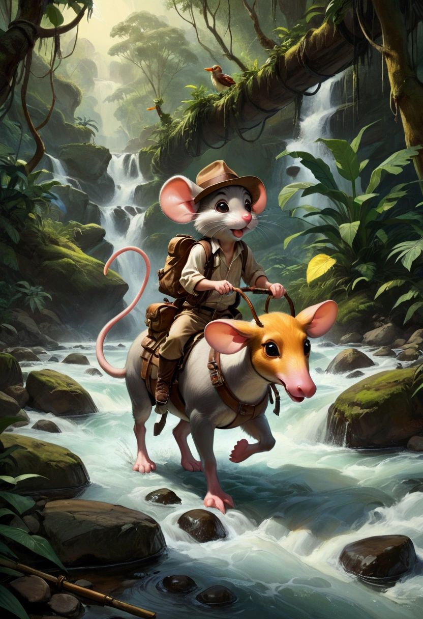 1boy, adventurous jungle explorer, Jungle Adventure, anthropomorphic cute little mouse dressed like "Indiana jones" riding in the saddle on large duck down rapids down mountain stream. saddle bags, bed roll, camping gear, in jungle insanely detailed matte painting by Wadim Kashin, James Gurney, 16k resolution, fine art, natural light, masterpiece, best quality, very aesthetic, absurdres