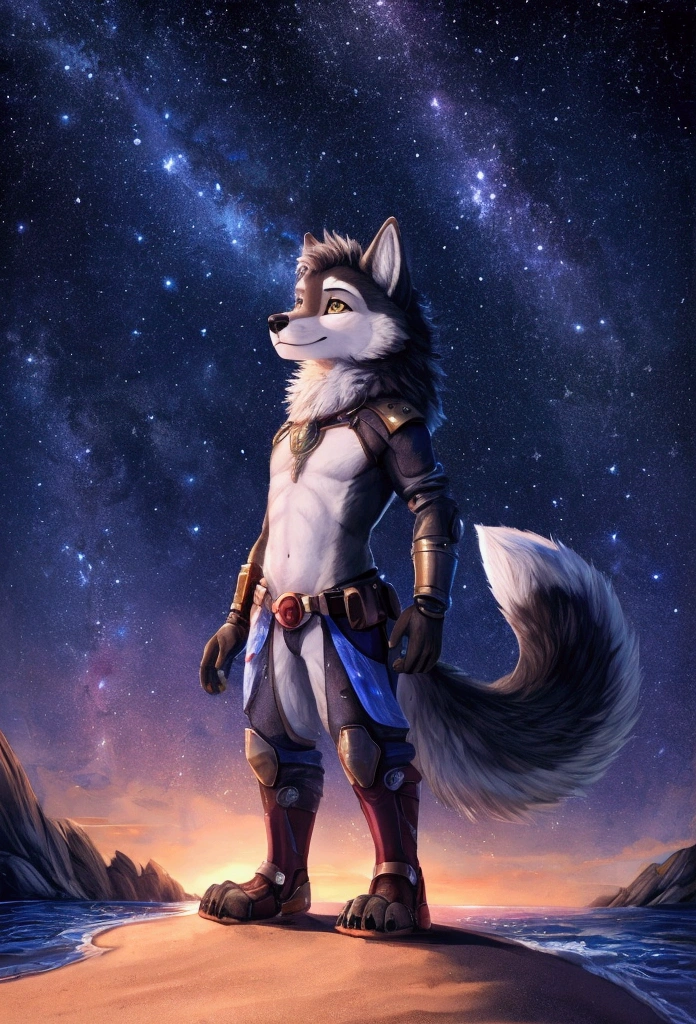 1boy, wolf, furry, fluffy tail, The entire starry sky of the galaxy.,The flickering light of the stars,No limits,Fantastic view,a boy standing,Beautiful beach around.